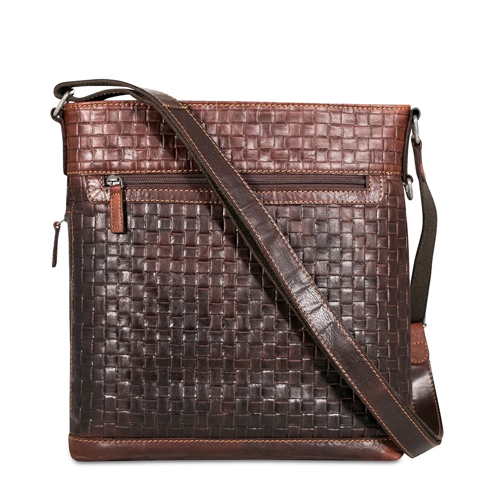 Jack George’s Brown Woven Genuine Leather Crossbody Handbag, measures 12”x12”